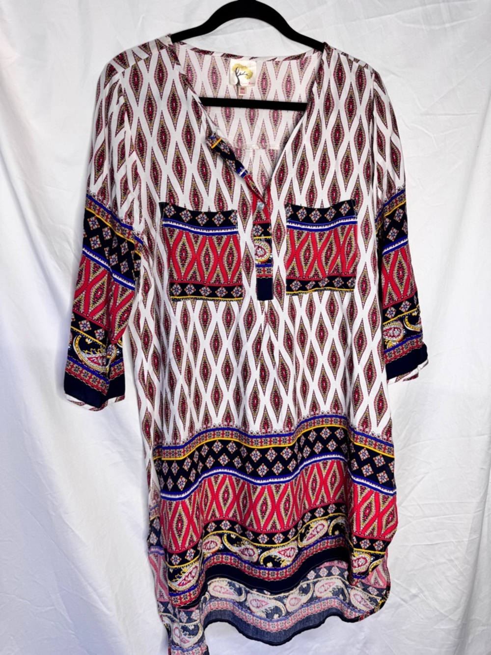 Fig and Flower Boho Diamond Print Tunic Dress in Red, Navy & White